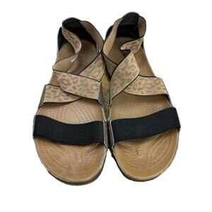 Crocs Anna Gladiator Sandals Womens Sz 9 Black Tan Leopard Stretchy Straps